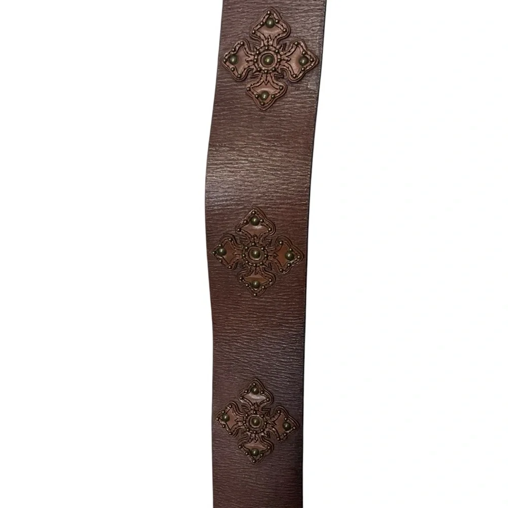 EXPRESS sz Small Belt Leather Boho Distressed Huge Buckle Brown